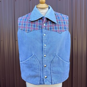 Vintage Handmade Denim and Plaid Padded Snap Front Collared Country Western Vest