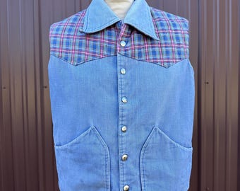 Vintage Handmade Denim and Plaid Padded Snap Front Collared Country Western Vest