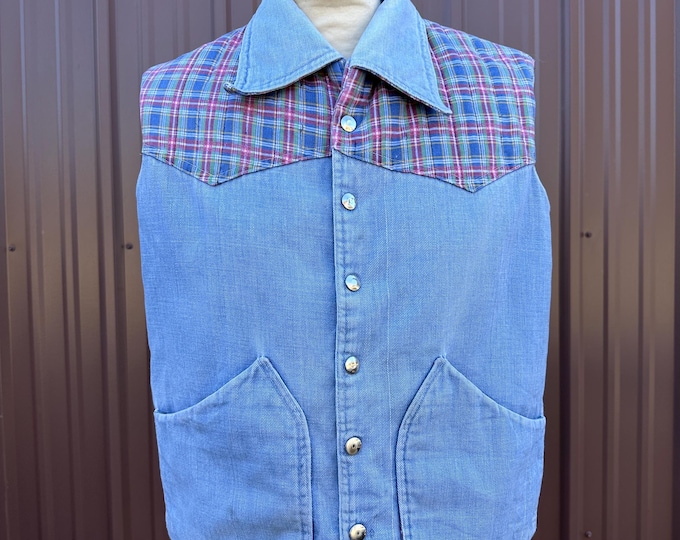 Vintage Handmade Denim and Plaid Padded Snap Front Collared Country Western Vest
