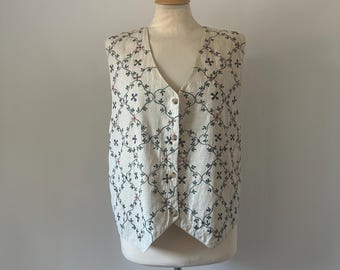 Colete vintage dos anos 90 em linho e algodão com bordado floral da Tantrums.