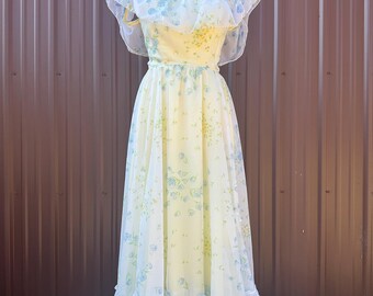 Vintage 70's Union Made Yellow Floral Prairie Maxi Dress | size petite xxs