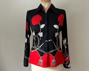 Blouse vintage des années 1980 à imprimé roses fantaisie et chaînes par Yu Hung