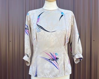 Vintage 1980’s Beige Floral Abstract Print Button Back Blouse