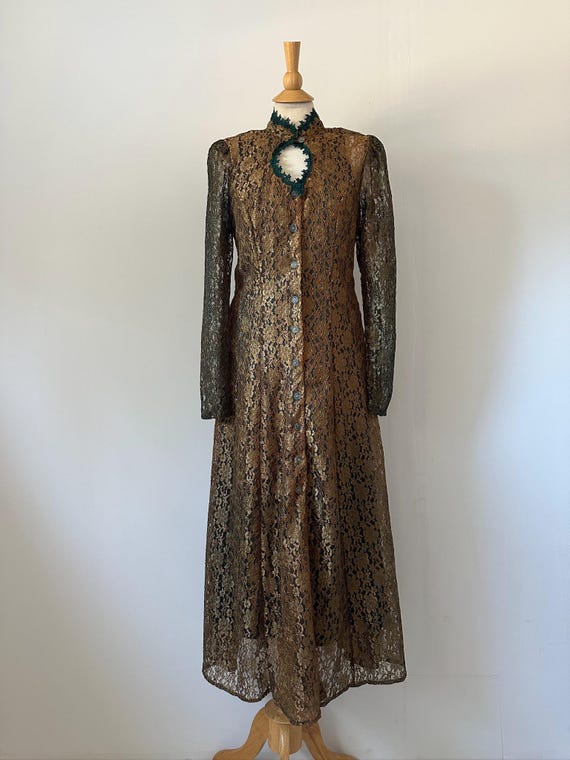 Vintage 90s Metallic Lace Gothic Maxi Dress by C Studio