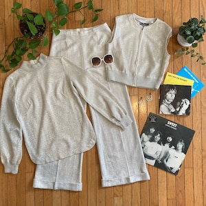 1970&#39;s Silver Lurex Three Piece Flared Pant, Knit Tunic Sweater and Vest Set