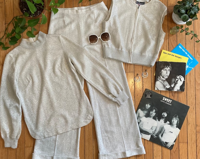 1970's Silver Lurex Three Piece Flared Pant, Knit Tunic Sweater and Vest Set