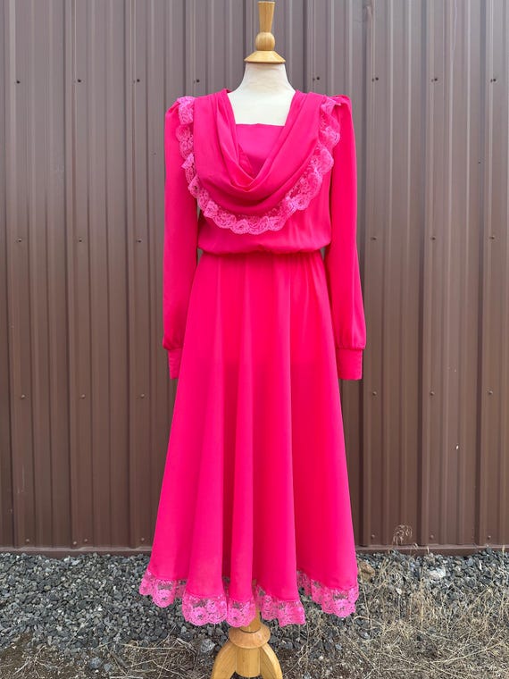 Vintage 70's Hot Pink Long Sleeve Fit and Flare Dress with Lace Trim | size  medium