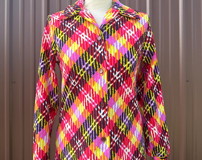 Vintage 70's Bright Plaid Collared Button Up Long Sleeve Shirt by 'Lanie J. - Styled in California'