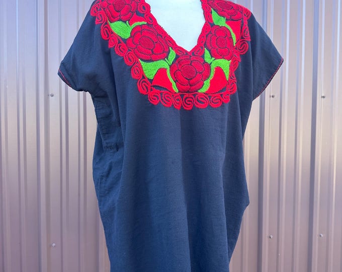 Vintage Black Cotton Red Rose Embroidered Loose Fit Mexican Cotton Tunic Blouse