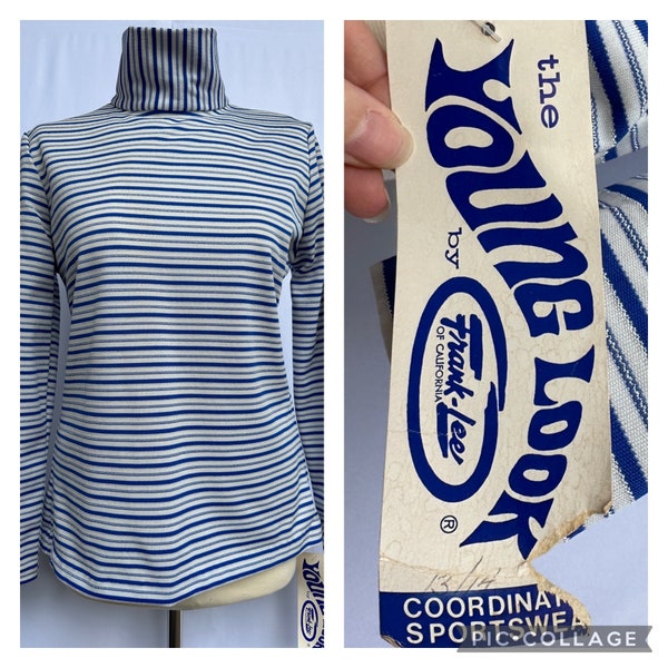 1970's ‘The Young Look by Frank Lee of California’ Deadstock Blue and White Striped Turtleneck Tunic Long Sleeve Shirt