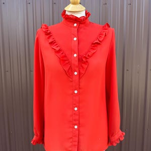 Vintage 70’s 80&#39;s Sheer Red Button Up Long Sleeve Blouse with Ruffle Trim by &#39;Aaron Ashley&#39;