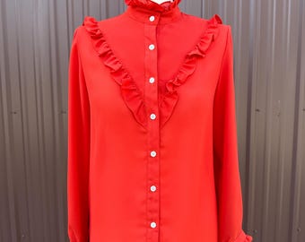 Vintage 70’s 80's Sheer Red Button Up Long Sleeve Blouse with Ruffle Trim by 'Aaron Ashley'