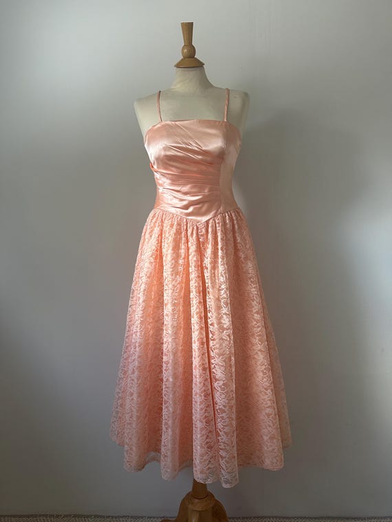 Vintage 1980s Jcpenney Union Made Pink Lace Drop Waist Party Dress