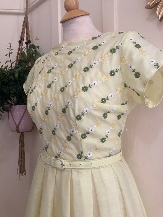 50’s/60’s Pale Yellow Fit and Flare Belted Day Dr… - image 5