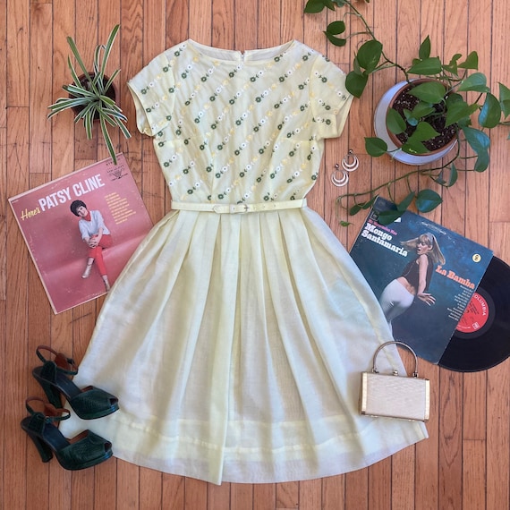 50’s/60’s Pale Yellow Fit and Flare Belted Day Dr… - image 1