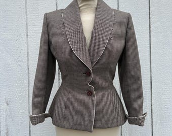 Vintage 1940’s Designer ‘Lilli Ann of San Francisco’ Chocolate Brown Houndstooth Fitted Classic Jacket