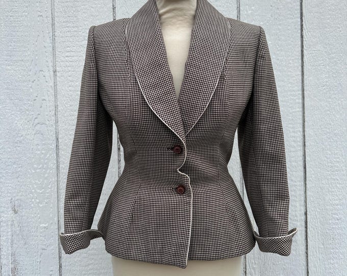 Vintage 1940’s Designer ‘Lilli Ann of San Francisco’ Chocolate Brown Houndstooth Fitted Classic Jacket