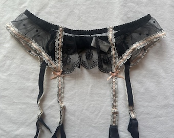 Agent Provocateur Black Polka Dot Tulle Garter Belt with Lace and Pink Ribbon Trim