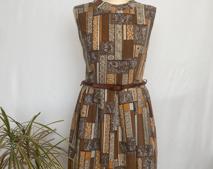 Vintage Handmade 1960’s Sleeveless Horse and Carriage Novelty Print Fit and Flare Dress