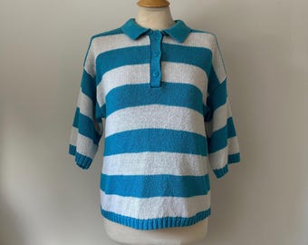 Vintage blauw-wit gestreepte katoenen ramee-polotrui uit de jaren 80 van Nuggets