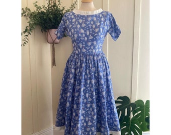 1950&#39;s Lanz Baby Blue Little Red Riding Hood Novelty Print Short Sleeve Cotton Fit and Flare Day Dress