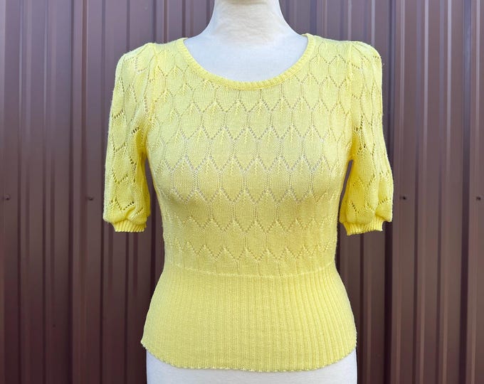 Vintage Yellow Pointelle Knit Puff Sleeve Pullover Scoop Neck Sweater
