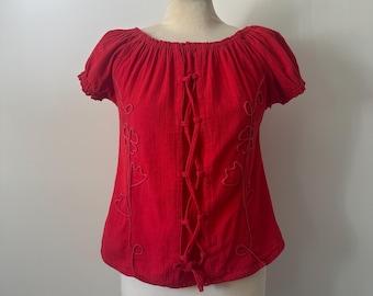Vintage 90s Bohemian Gauze Lace-Up Peasant Top
