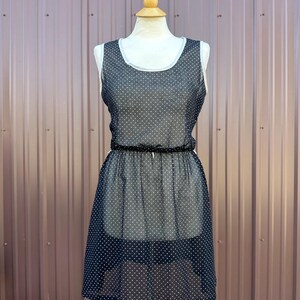 Vintage 70&#39;s 80&#39;s Sheer Sleeveless Black and White Polka Dot Mini Dress by &#39;Sansage&#39;