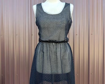 Vintage 70's 80's Sheer Sleeveless Black and White Polka Dot Mini Dress by 'Sansage'