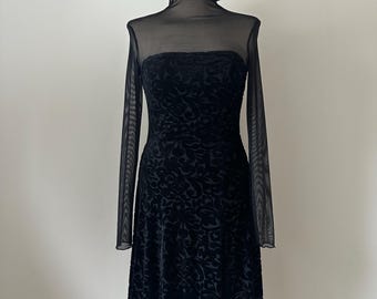 Vintage 90er Jahre Samt Ausbrenner Netz Kleid in Schwarz von Peep