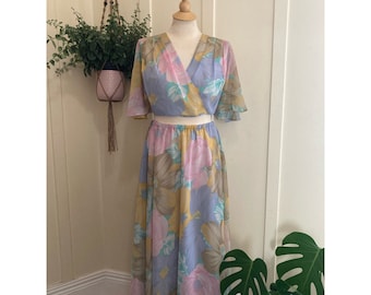 70s/80s Pastel Floral Two Piece Sheer Flutter Sleeve Crop Top + Midi Skirt Set