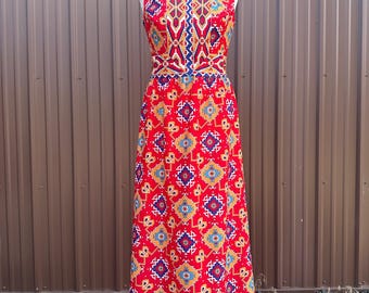 Vintage 70's Red Geometric Print Sleeveless Collared Maxi Dress | size medium