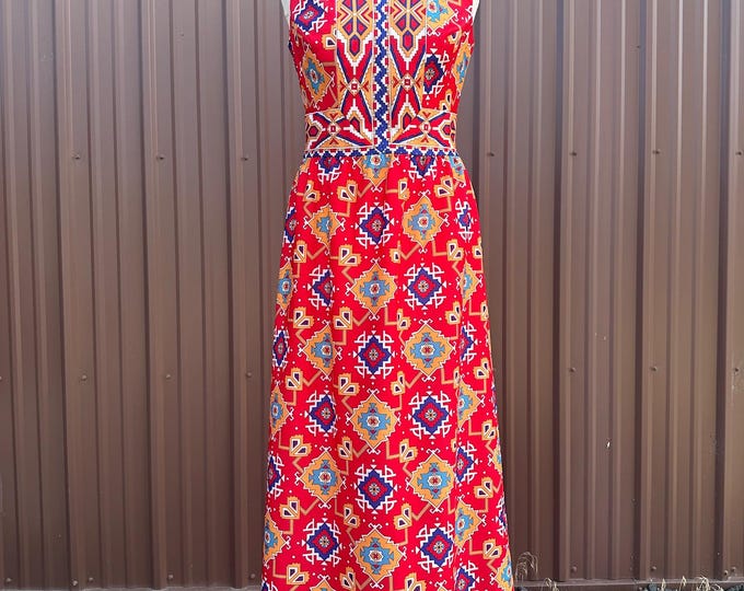 Vintage 70's Red Geometric Print Sleeveless Collared Maxi Dress | size medium