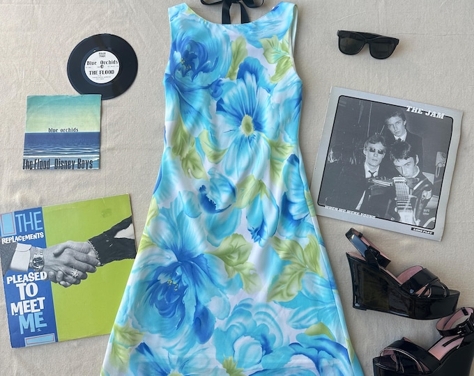 90’s ‘Ronni Nicole’ Blue Watercolor Floral Print Sleeveless Bias Cut Slip Dress