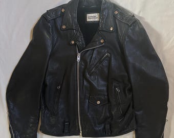 Vintage 1980s 1990s Black Leather Motorcycle Jacket by The Leather Warehouse | Removable Pile Lining | Size 42L