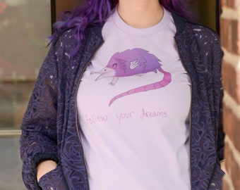 Follow Your Dreams Purple Winged Possum Novelty T-Shirt, Sublimation Tshirt Gift, Graphic Tshirt, Possum Merch, Cute Possum Fan Gift, Kawaii
