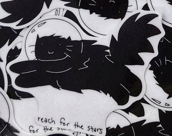 Reach For The Stars Black Cat Sticker,  Black Cat Sticker, Cat Lover Gift, Cute Cat Sticker, Kawaii Cute Sticker, Space Astronaut Sticker
