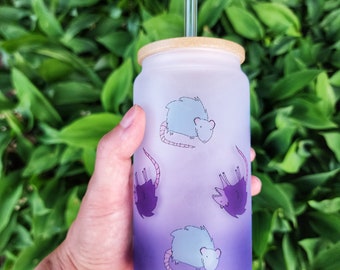 Purple Blue Possum Cup Iced Coffee Glass Glass Can with Bamboo Lid and Straw Cute Cup 18oz Cup Drink