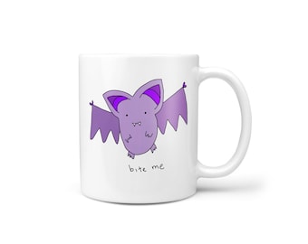 Bite Me Cute Purple Vampire Bat Meme Novelty Mug