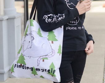 Finding Myself Fabulous Gray Possum Opossum 18x18 Inch Canvas Lined Tote Bag