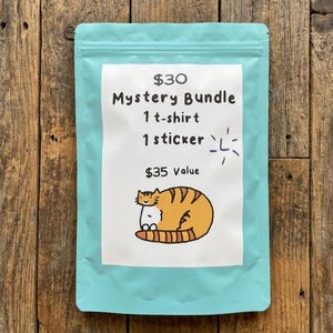 May include: A light blue resealable pouch with a white label featuring the text $30 Mystery Bundle, 1 t-shirt, 1 sticker, $35 value, and a hand-drawn illustration of an orange tabby cat with a small purple sunburst symbol next to the text.