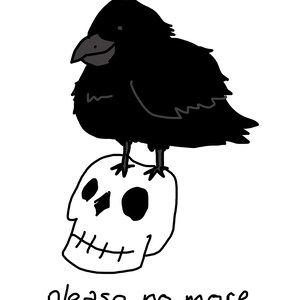 Puede incluir: Un cuervo negro posado sobre una calavera blanca con el texto "please no more" debajo.