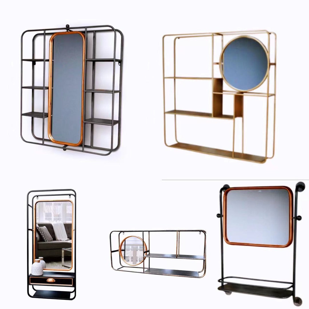 Hand Painted Wall Mirror Shelf Cubes Vintage Industrial Style Antique