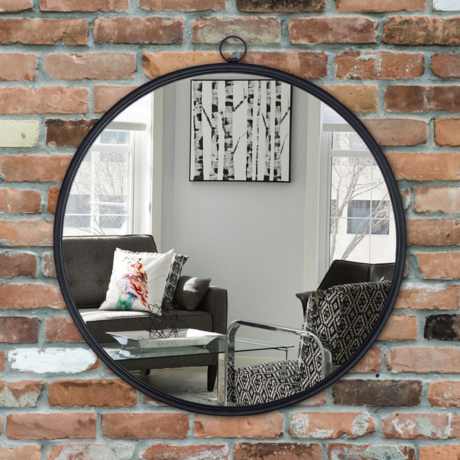 Round 61cm Wall Hanging Mirror Industrial Mirrors Metal Black Etsy UK