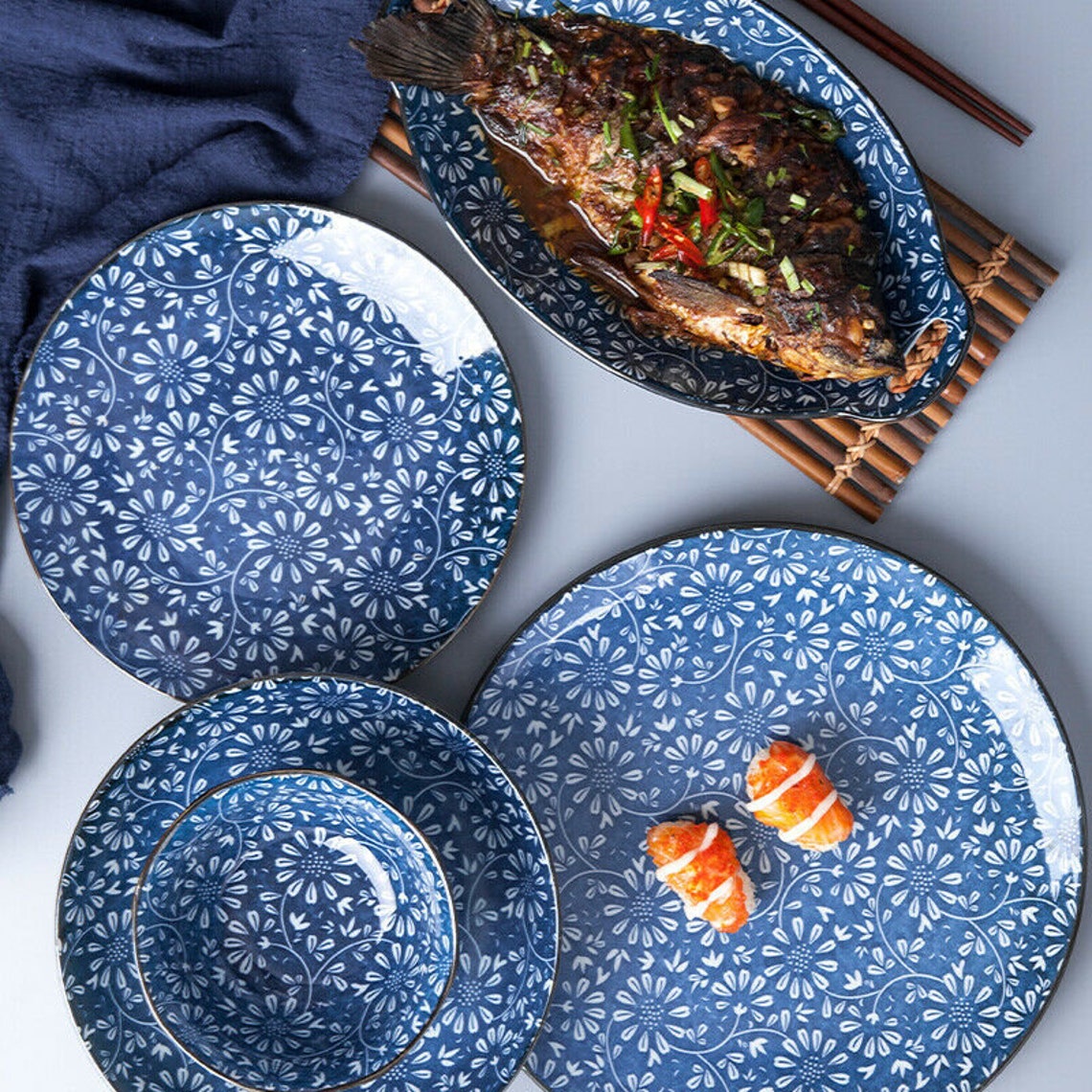 Japanese Crockery Blue Ceramic Dinner Plates Dish Bowl Serving Etsy