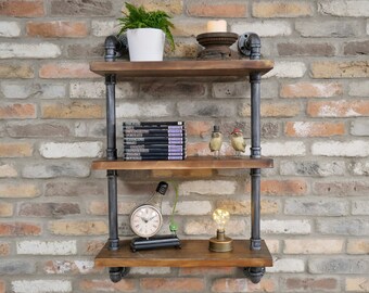 3 Tier Industrial Style Shelf Retro Metal Pipe Design Wall Mounted Storage Display Wooden Shelving Unit NEW