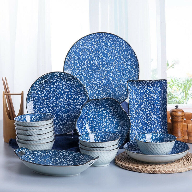 Japanese Crockery Blue Ceramic Dinner Plates Dish Bowl Serving Etsy