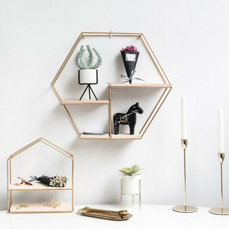 Handmade Cube Hexagonal Wall Shelf Storage Shelving Gold Black Etsy
