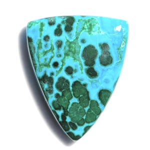 May include: A triangular gemstone with a vibrant pattern of teal and dark green. The teal base is speckled with dark green, creating a unique, organic design. The stone is polished and smooth, with a slight sheen.