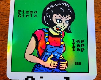 Gamer Girl Holographic Sticker - Waterproof Vinyl - Pizza Girlz - Retro Gaming Pixel Art Video Games Holo Game Stickers